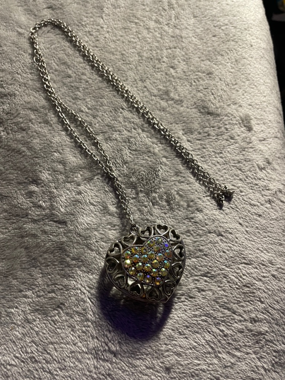 Silver Heart Pendant Necklace with Iridescent Crystal Heart